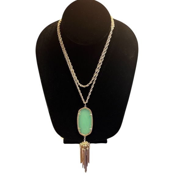 Kendra Scott Rayne 14k Gold Necklace Chalcedony Teal Stone w/ Tassel 30”